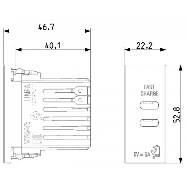 Πρίζα Φόρτισης USB Διπλή TypeC+C 1 Στοιχείου Λευκό Linea 30292.CCB VIMAR