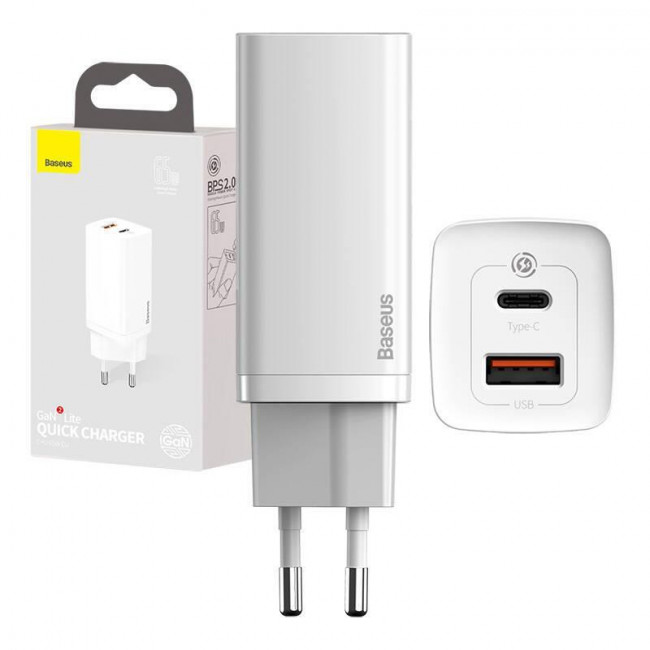 Φορτιστής Τοίχου USB TypeA+C 65W Λευκό CCGAN2L-B02 BASEUS